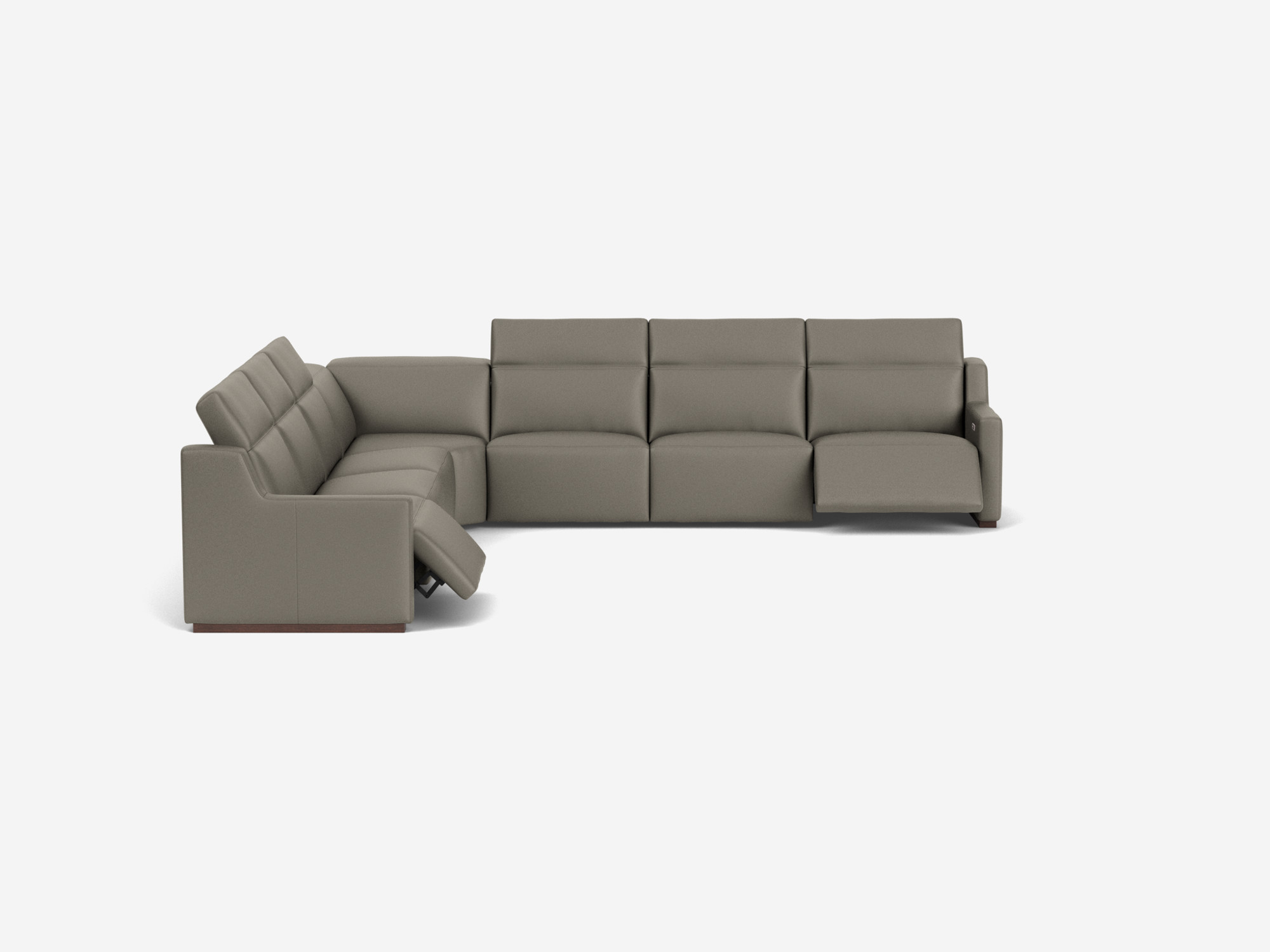 Grey leather reclining sectional sofa front left hand view